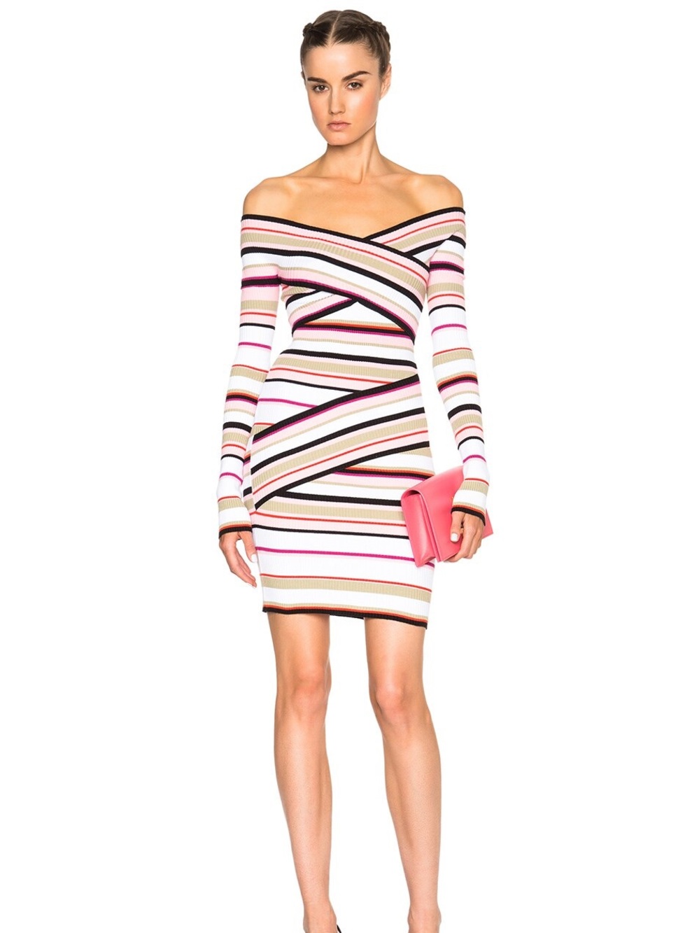 MSGM Rib Knit Striped Off Shoulder Bodycon Dress Pink Multi S Made in Italy